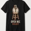 Open Mic Night Vintage Microphone unisex t-shirt in black with vintage microphone on a wooden stool in a spotlight